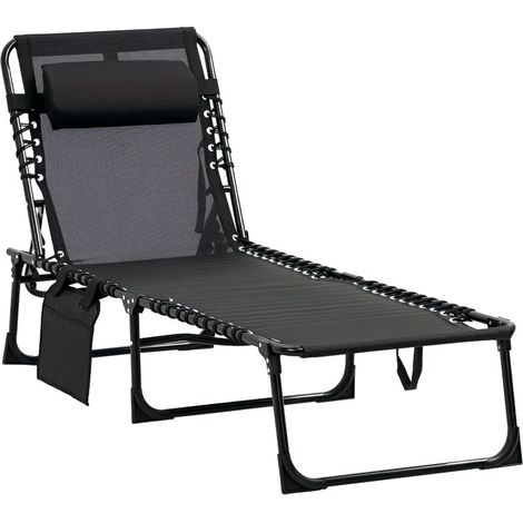 Chaise longue pliante avec coussin cervical, structure en acier, revêtement en tissu mesh, charge maximale 120 kg, noire (1/5)