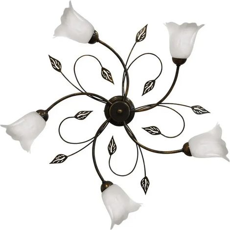 Plafonnier Teresa 5 lumières E14 marron/or avec diffuseurs en verre blanc spongieux