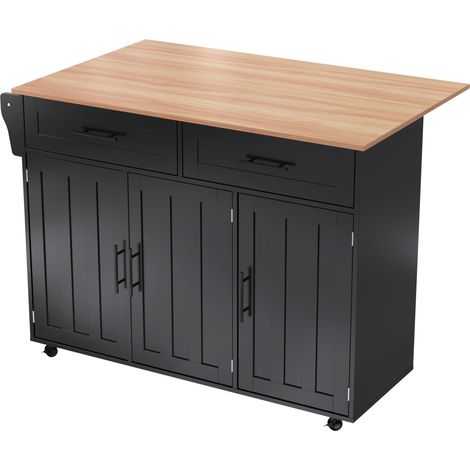 Küchenwagen mit 2 Schubladen, 3 Fächern, Klappbarer Arbeitsplatte und Handtuchhalter, aus MDF, 129x71x91,5 cm (1/5)