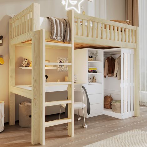 Lit Mezzanine 90x200 cm avec Bureau, Armoire, Tiroirs et Rangements – Naturel 205x102x180 cm (sans Matelas)