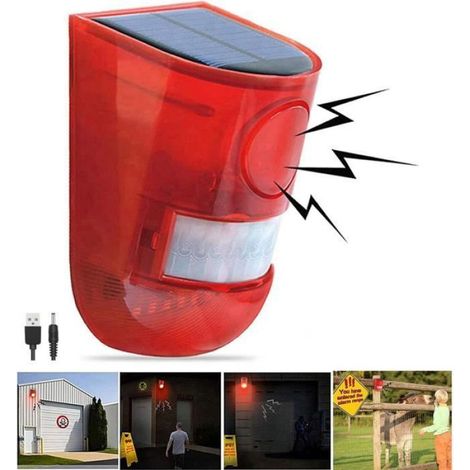 Alarme sonore et lumineuse solaire Détecteur de mouvement Sirène 110 décibels Alerte sonore et avertissement flash 6LED Système (1/4)