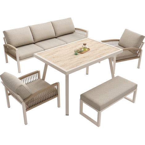 7-Sitzer Gartenmöbel aus Metall mit Sofa, Tisch, 2 Sesseln mit geflochtenen Armlehnen, Bank und dicken Kissen, Beige (1/5)