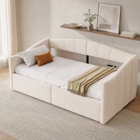 Divano letto 90x200 cm con contenitore idraulico beige, senza materasso FloraGrace (1/5)
