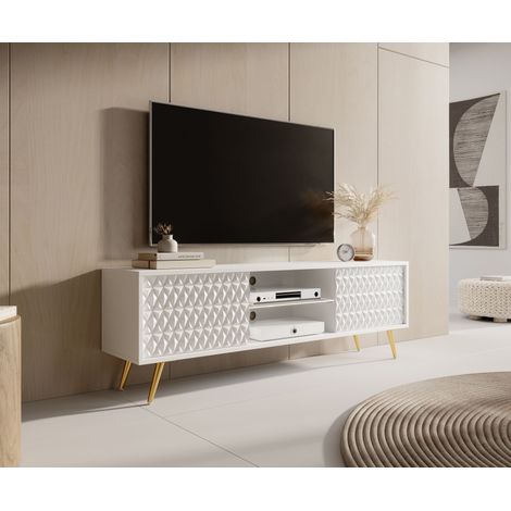 AX LIVING Lowboard TV Delvine 135 cm Weiß – mit goldfarbenen Füßen