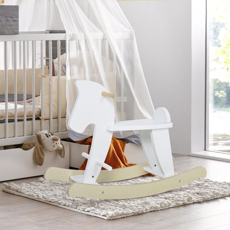 Cheval à bascule en bois naturel et MDF blanc - jouet d'équilibre avec poignées, repose-pieds et butées - porteur à inclinaison pour enfants, lot complet (1/5)