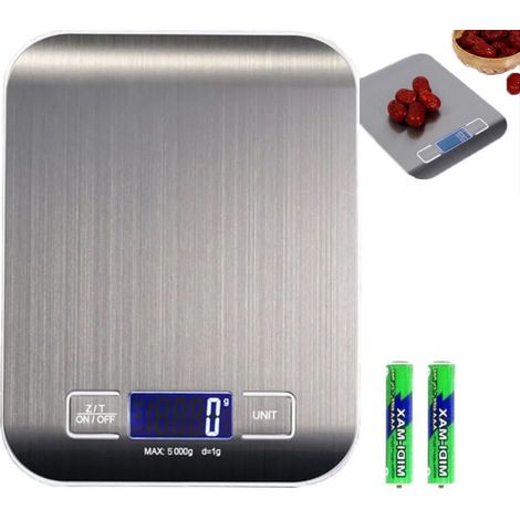 Bilancia da cucina digitale, precisa e adatta agli alimenti, con display LCD retroilluminato, capacità 5 kg / 1 g, acciaio inox (ARGENTO)
