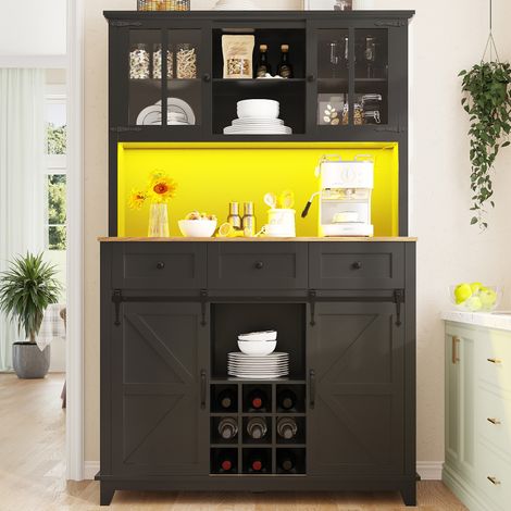Buffet haut 105x38.4x180 cm noir en MDF avec portes vitrées, LED et étagères réglables (1/5)