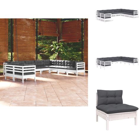 10-tlg. Garten-Lounge-Set mit Kissen Weiß Massivholz Kiefer - Garten Lounge Set - Esszimmergarnitur - Outdoor Möbel - Gartenmöbel - Rattan Gartenmöbel (1/5)