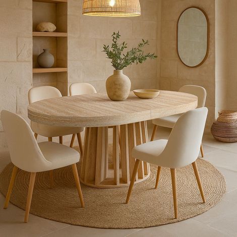 Cotecosy – Table haute ovale extensible 150-300cm – Effet travertin beige – 6 places – Design moderne avec pied central stable (1/5)