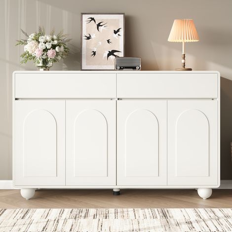 Buffet de salon, 140x38x89 cm, Grand meuble de rangement avec 4 portes courbées et 2 tiroirs, Commode moderne en MDF pour salle à manger, Blanc (1/5)