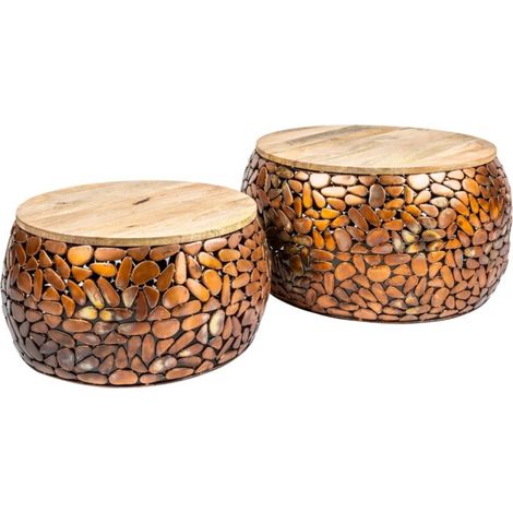 Mesas nido GALEA en madera maciza de mango y aluminio bronce – Motivo decorativo de guijarros (1/5)