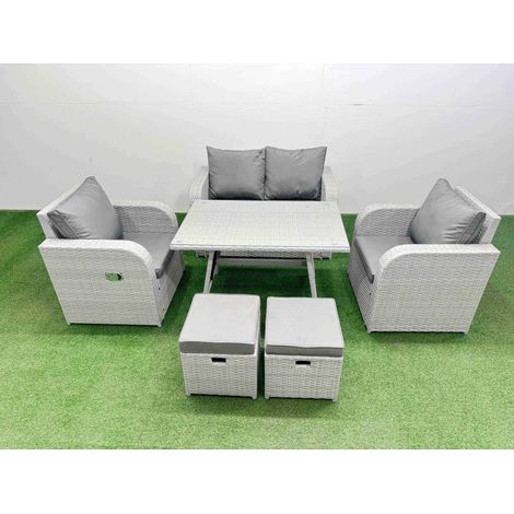 Fimous Light Grey PE Wicker Rattan Garden Furniture Set Sofa Set Reclining Chair Love Sofa Rectangular Dining Table 2 Small Stools (1/4)