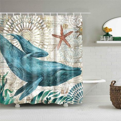Rideau de douche Ocean en tissu polyester imperméable et résistant à la moisissure, avec crochets (180 x 180 cm) (1/5)