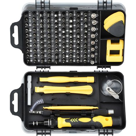Jeu de tournevis multifonctions pour le démontage et la réparation de montres et de téléphones portables, jeu de tournevis en acier au carbone 115 en 1 (jaune) (1/4)