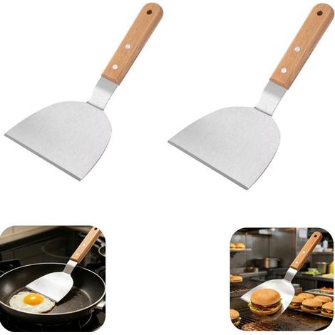 Ensemble de 2 spatules : spatule à hamburger, spatule à crêpes, spatule pour grillades avec trou de suspension et long manche, accessoire de cuisson pour teppanyaki. (1/5)
