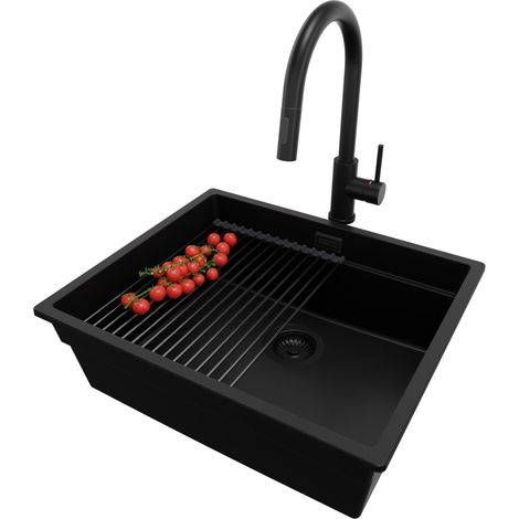 PRIMAGRAN Evier Sous Plan 56x47cm, Evier en Granit 1 bac + Robinet 40x20cm + Kit de Vidage + Égouttoir Enroulable, Évier au meuble 60cm - Prague, Tout Noir (1/5)