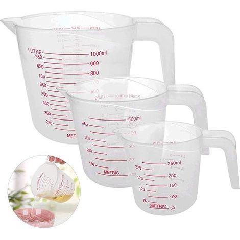 Set di misurini (250 ml, 500 ml, 1000 ml). Misurini trasparenti per cucinare e preparare dolci. Realizzati in plastica senza BPA. Impilabili. Con manici. (1/5)