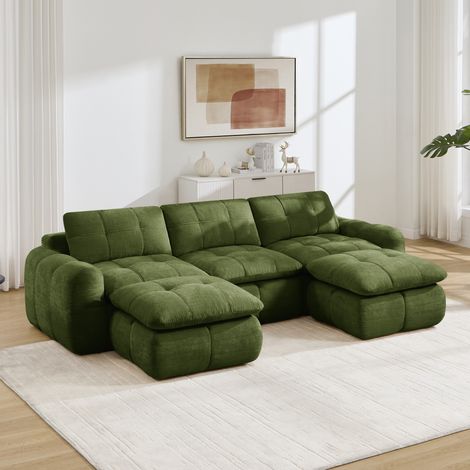 Divano angolare modulare a 3 posti in tessuto ciniglia, seduta comoda da 54 cm, design trapuntato, base antiscivolo, non richiede montaggio, 2 pouf, verde (1/5)
