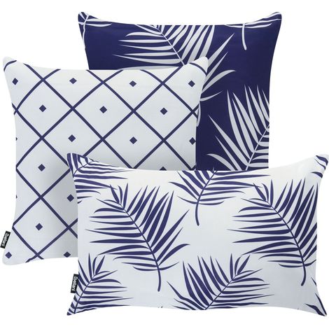 Set of 3 Outdoor Throw Cushions Navy Blue Polyester Garden Accessory Plant Pattern BIRDWOOD (1/5)