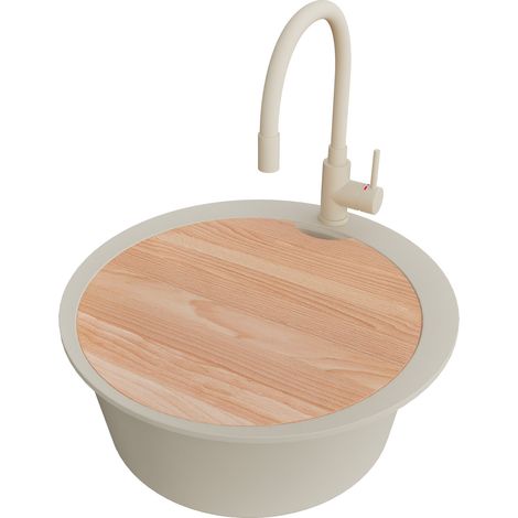 PRIMAGRAN Evier cuisine Granit Rond 53x53cm,Evier 1 bac + Robinet 38x14cm + Kit de Vidage + Planche à Découper, Lavabo Cuisine au meuble 50cm - Pise Max, Beige (1/5)