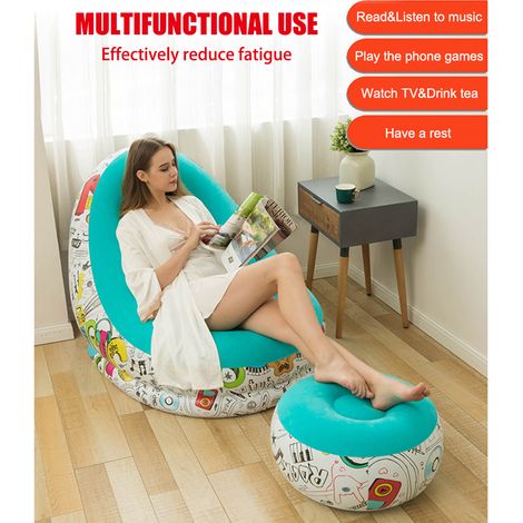 Canapé gonflable et repose-pieds portable à motifs graffiti, canapé relax profilé avec ottoman, canapé de détente gonflable en tissu floqué épais, coloris macaron, pour intérieur et extérieur, chambre