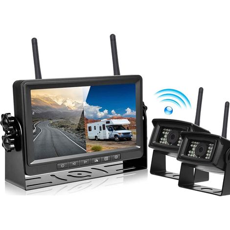 Caméra de Recul sans Fil HD 1080P Écran 7 Pouces Moniteur Voiture Vision Nocturne Claire, Caméra de Stationnement Double Vue Avant IP68 Étanche pour Camping-Car, Remorque, Bus, Camion, Caravane (1/5)