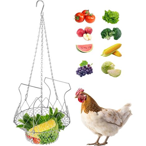 Ajustable Mangeoire Poule Suspendue, Grande Pliable Volaille Légumes Fruits Panier d'alimentation avec Chaîne Mangeoire pour Volaille pour Poules Canards et Lapins (1/5)