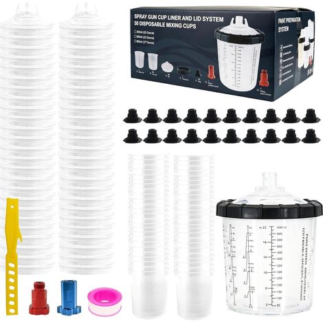 50 Gobelets jetables 650ml pour pistolet HVLP/LVLP, anneau et bouchons (1/5)