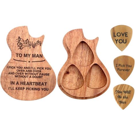Boîte de rangement pour médiators en bois gravé, 5 pcs avec 3 médiators inclus - Idée cadeau pour musicien, anniversaire, Noël (1/5)