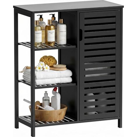 Meuble Salle de Bain Bambou, Armoire Bas Salle de Bain avec Porte et 3 Compartiments Ouverts, Meuble de Rangement Autoportant pour Salle à Manger, Salon, Cuisine, Noir (1/5)