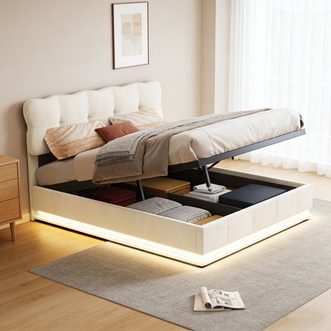 VASIEN – Lit Double 140x190 cm Velours Capitonné – Lit Coffre avec Éclairage LED,Lits Deux Place Hydraulique avec Sommier à Lattes et Rangement– Lit Adulte – Beige (1/5)