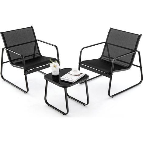 COSTWAY 3 Pieces Patio Conversation Set Outdoor Metal Chair & Table Set Glass Tabletop (1/5)