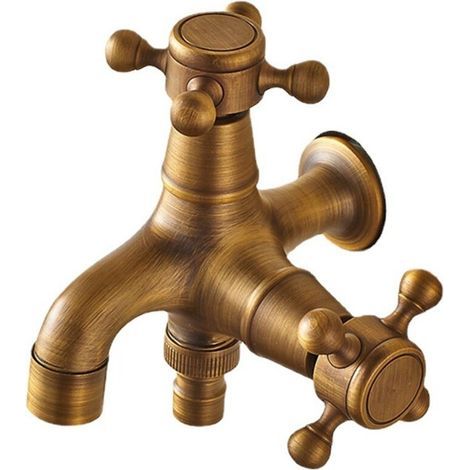Robinet de jardin à double vidange et double boule de style antique, avec levier pour jardin et machine à laver, modèle 1/2 en cuivre. (1/5)