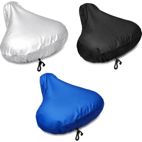 Lot de 3 housses de selle de vélo - Imperméable et anti-neige - Avec cordon de serrage - Anti-poussière - Argenté/noir/bleu - Pour vélo de route, VTT et vélo électrique (1/5)