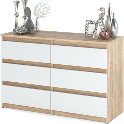 Commode enfant chêne blanc mat 100 cm – 6 tiroirs – Façades sans poignées – Glissières à billes pour fonctionnement fluide (1/4)
