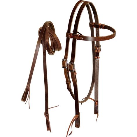 ROSSICCIO - Briglia western per cavalli in cuoio con frontalino liscio completa di redini