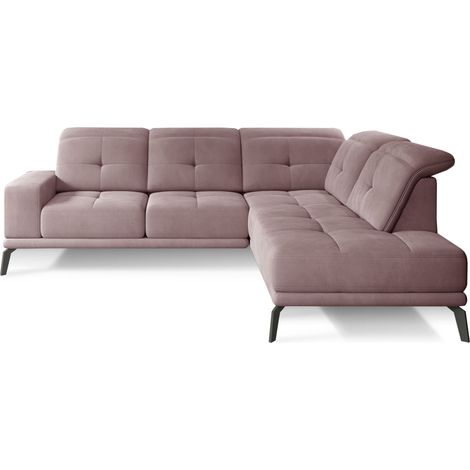 Canapé d'angle droit design matelassé velours rose et pied noir Kazane 275cm (1/5)