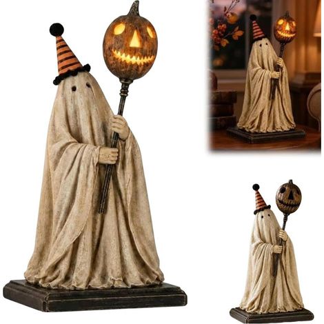 Fantôme résine 17cm - LED ambre clignotant Halloween (1/5)
