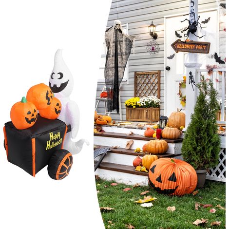 Décoration gonflable d'Halloween : chariot fantôme blanc de 1,80 m (6 pieds), étanche IP44, avec souffleur, chariot citrouille elfe, imitation Halloween avec lumières LED, décoration gonflable extérie (1/5)