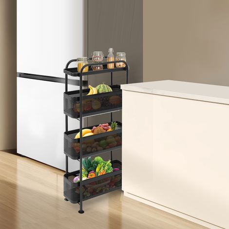 Carro de cocina metálico estrecho con cajones extensibles, carro empotrable de 4 niveles, estantería empotrable con ruedas para espacios reducidos, cocina, salón, despacho, cuarto de baño (negro) (1/5)