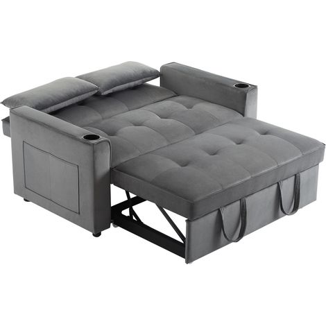 Divano letto pieghevole multifunzione grigio in velluto con portabicchieri e cuscini HOMVRA (1/5)