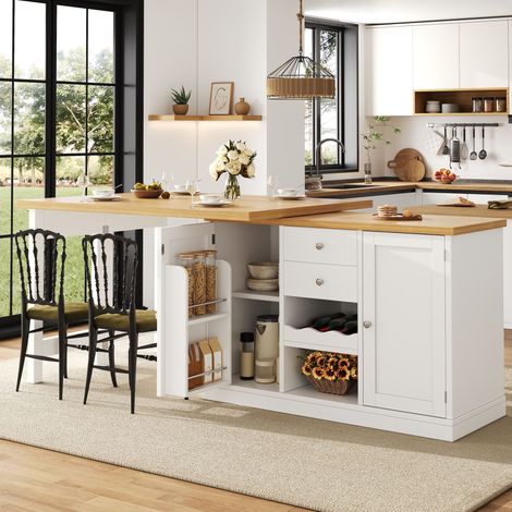 îlot de cuisine extensible 120-197 cm avec casier à vin,étagères à snacks,rotative à 360°,Table de bar avec portes magnétiquess,Table à manger,blanc
