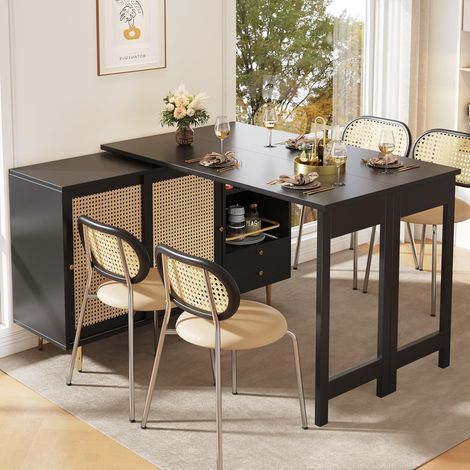 Table de bar pivotante à 360° (dimensions du corps principal : 107 x 40 x 71,4 cm), table de bar design extensible noire, meuble de rangement avec porte en rotin et étagère ouverte, idéale pour la cui (1/5)