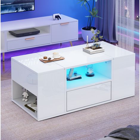 Table basse en panneau de particules 100 x 50 x 40 cm, blanc brillant, 1 tiroir et 6 rangements, LED (1/5)