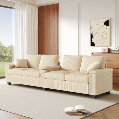 Canapé 4 places en velours côtelé avec USB et USB-C, accoudoir central rabattable et rangement, beige (1/5)