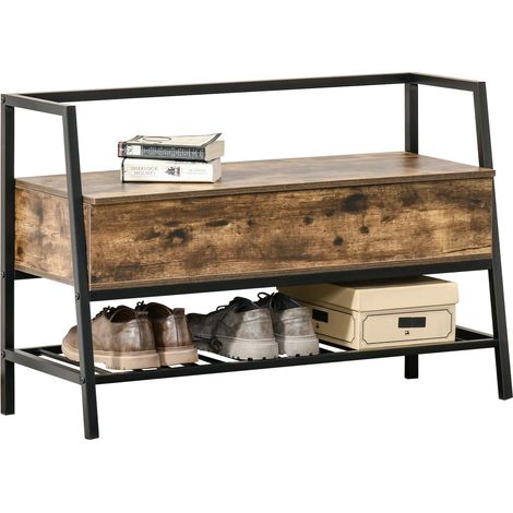 Étagère à chaussures de style industriel avec rangement, banc à chaussures vintage gain de place en bois et métal, marron rustique, 90 x 37 x 60 cm (1/5)