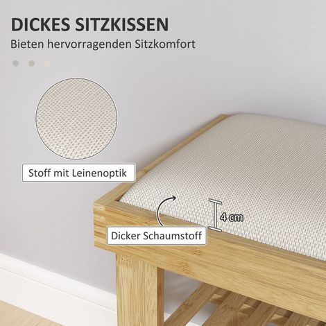 Schuhbank mit Sitzfläche, Bambus-Aufbewahrungseinheit, 2 offene Fächer, Maße: 60 x 29 x 49 cm, cremeweiß (1/5)
