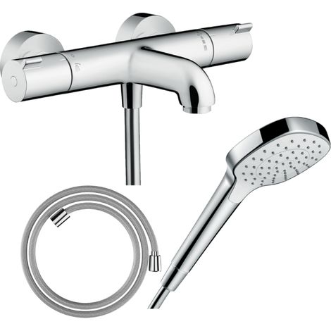 Pack mezclador termostático de baño HANSGROHE Ecostat 1001CL + flexo Designflex + mando Croma Select E EcoSmart blanco/cromo