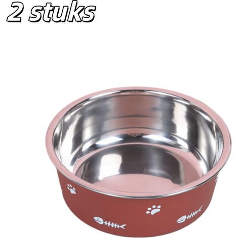 Lot de 2 bacs à litière pour chiens et chats - Antidérapants - Bol en acier inoxydable - Bac à litière à double paroi - Système d'aspiration - Convient aux chats et aux chiens - Diamètre 17,5 cm, haut (1/5)