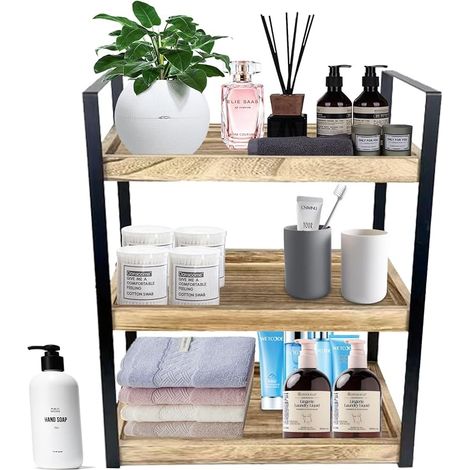 3 Tier Freestanding Shelf Bathroom Organizer Wooden Shelf with Black Metal Frame Moisture Resistant Perfume Shelf (1/5)